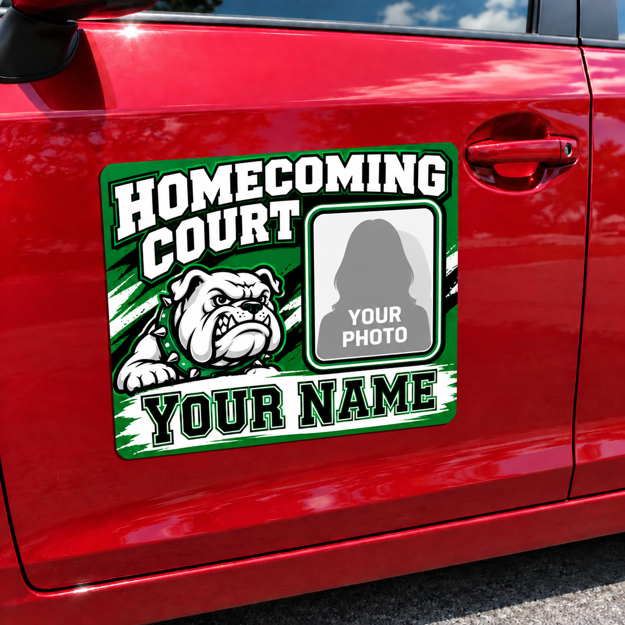 Custom Bulldog Homecoming Court magnet with photo and name placeholders on a red car
