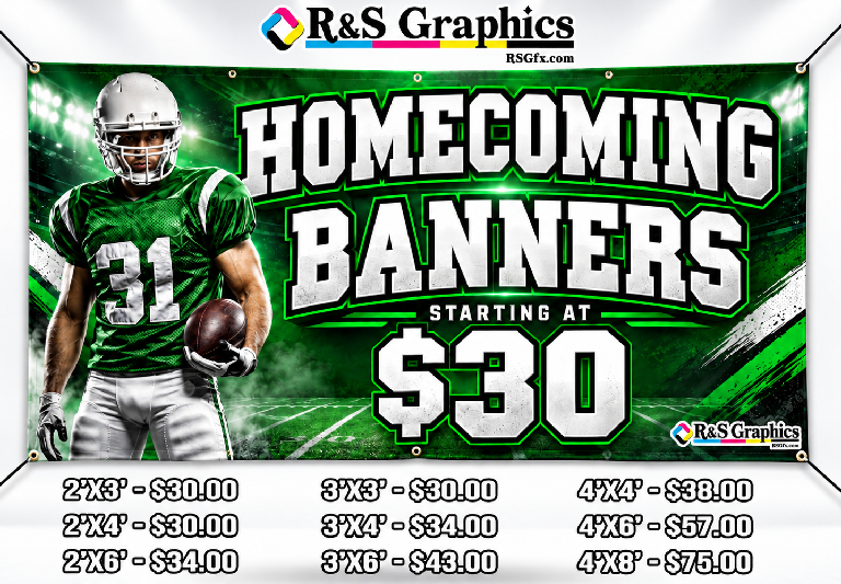 Homecoming banners sample design with nine size and price options